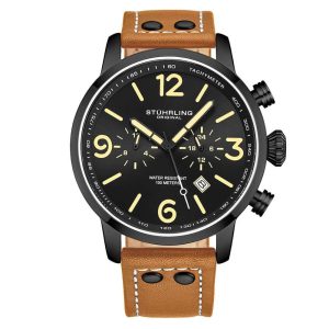 Relgio masculino Stuhrling Aviador 3956 com pulseira de couro preto e fivela Tang mostrador preto de 45 mm.