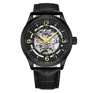 Relgio Automtico Stuhrling Dinamarca 3947 42mm Mostrador Preto Pulseira de Couro Preto com Fivela Tang Preta