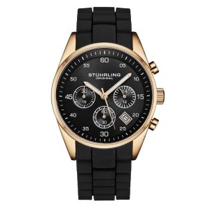 Relógio Chronograph 42mm com Mostrador Preto e Caixa em Ouro Rosa Pulseira de Silicone Preta Stuhrling.