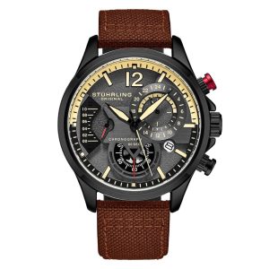 Relgio Stuhrling Cordura 4029 Aviador 45mm Mostrador Cinza e Preto Pulseira de Couro Marrom e Fivela Tang Preta