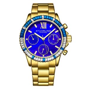 Relógio 3959 com Mostrador Azul Pulseira de aço Inoxidável Dourada e Fivela de Implantação Stuhrling