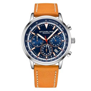 Relgio Stuhrling 3986L Crongrafo de 44mm com Mostrador Azul Pulseira de Couro Castanho e Fivela de Implantao Prateada