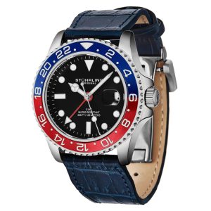 Relogio Meridian 3968L GMT 42mm com mostrador preto moldura vermelha e azul pulseira de couro azul e fivela de implantacao Stuhrling