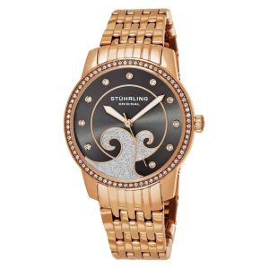 Relógio feminino Stuhrling Coroa 569 37mm mostrador cinza e detalhes rosa pulseira em aço inox com fivela de implantação.