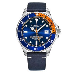Relgio Swiss Automtico Depthmaster Heritage 883H 42mm Mostrador Azul e Prata Pulseira de Couro  Prova d'gua - Stuhrling