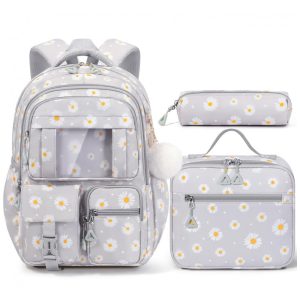 Mochila escolar Fimibuke cinza com estampa de margaridas 3 em 1 lancheira térmica e estojo