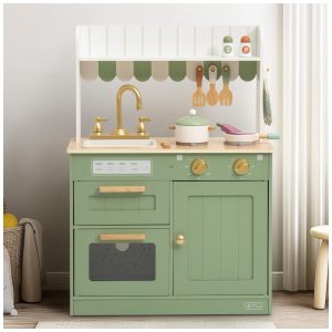 Mini Cozinha Educativa de Madeira ROBUD para Crianças com Torneira Dourada Pia Forno Fogão Armário Estilo Vintage - Presente Encantador