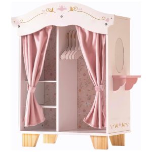 Guarda-Roupas de Madeira ROBUD para Bonecas Móveis de Closet com 5 Cabides Espelho Cortinas de Veludo Para Roupas de Bonecas