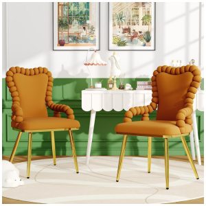 Cadeiras de jantar TesNus kit com 2 cadeiras estofadas em veludo laranja âmbar braços tipo bubble e pés metálicos dourados