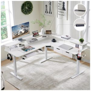 Mesa Gamer em L RedLemon 152 cm Ajustável em Altura com Gavetas Bandeja de Teclado Tomadas Elétricas e Luzes LED Prateleira para Monitor Branco Antigo Modelo RL-60IN-L-ESD-AW (152 cm x 152 cm)