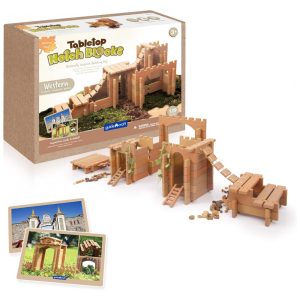 Conjunto de blocos de construção Guidecraft Tabletop Notch Blocks Western com 129 peças em TPE e 10 cartas de inspiração dupla face