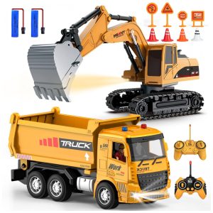 Conjunto de Brinquedos de Caminhão Basculante e Escavadeira de Controle Remoto - Veículos de Construção RC com Barreiras Sinais de TrânsitoMQDMINI