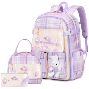 Mochila escolar infantil FIXITOK coelho kawaii 3 peças com lancheira térmica e estojo nylon impermeável roxa xadrez