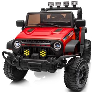 Carro Elétrico Infantil Jeep com Controle Remoto Suspensão nas Quatro Rodas Cinta de Segurança Música via Bluetooth e USB 12V Hikiddo Vermelho