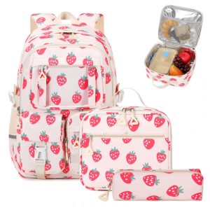 Mochila escolar PIG PIG GIRL morangos 3 em 1 com lancheira e estojo estilo ita bag