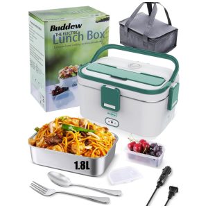 Marmita Elétrica Portátil 18L com Garfo Colher e Bolsa para Transporte 12V bivolt 70W Buddew Cinza e Verde Claro