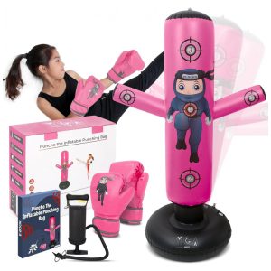 YGA Sports Puncho: Kit Completo de Bolsa de Pancadas Inflável Infantil com Luvas Bomba e eBook - Rosa