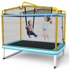 Trampolim GYMAX para crianças 75 trampolins recreativos aprovados pela ASTM com balanço rede de barra horizontal mini trampolim retangular para bebês interior exterior amarelo