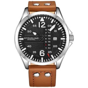Relogio Stuhrling Homem. Couro Aviador Couro com Rebites de Aço Esport. Class
