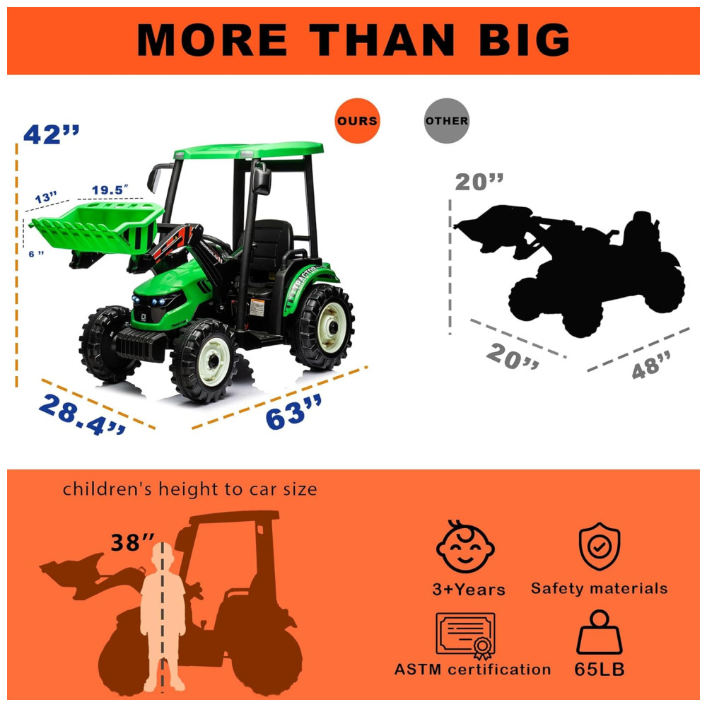 Trator Elétrico Infantil a Bateria 22V com 3 Marchas e Motores Duplos Kidsera Verde - Imagem 5