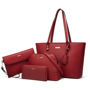 Conjunto de Bolsas Femininas em Couro Sintético 4 Peças com Carteira Lovematch Vermelho