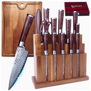 HOABLORN Conjunto de Facas com Bloco de Bancada Multinível 15 Peças Marrom