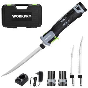 Faca Elétrica Sem Fio WORKPRO 12V para Filé de Peixes com Lâminas de 8 e 10 Polegadas Cabo com Empunhadura Antiderrapante e Trava de Segurança 2 Ba