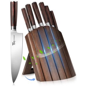 Conjunto de Facas em Aço Inoxidável com Bloco de Bancada Dobrável e Cabo em Madeira 7 Peças SYOKAMI Marrom