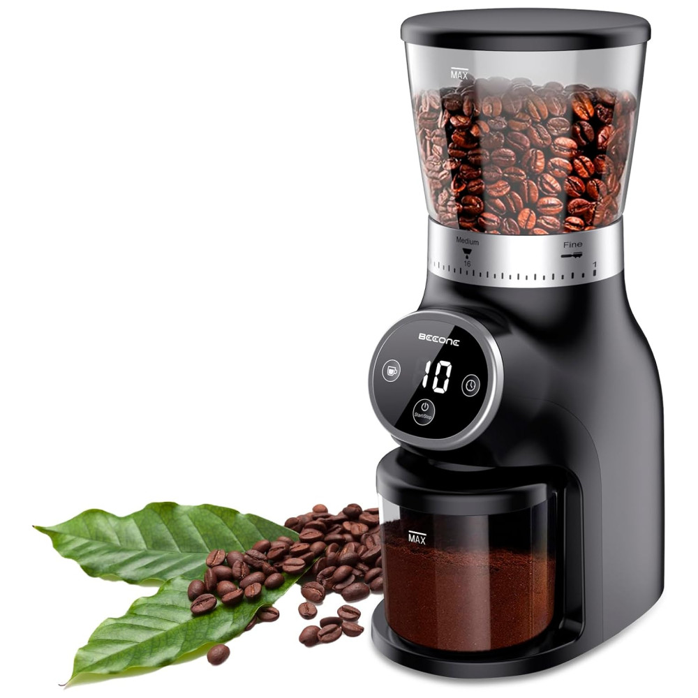 Moedor de Café Elétrico até 10 xícaras com 31 Configurações de Moagem e Display LED 110V 200W BEEONE Preto