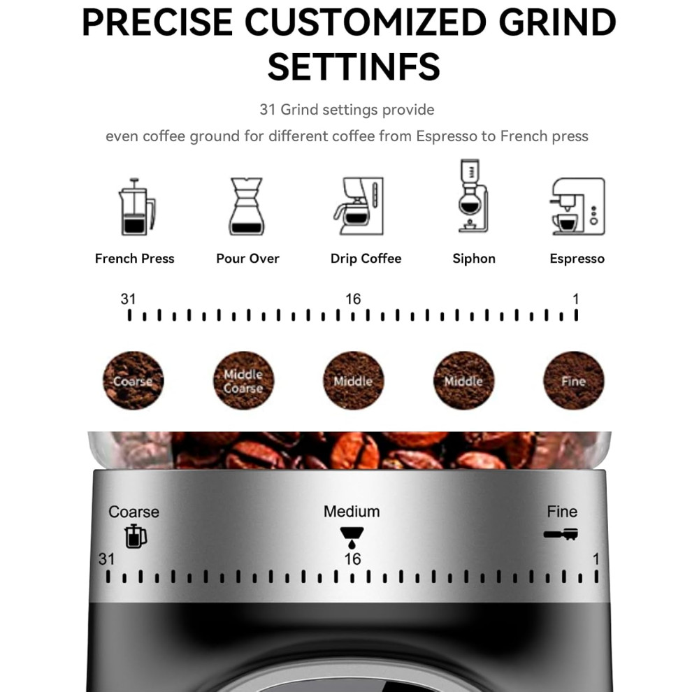 Moedor de Café Elétrico até 10 xícaras com 31 Configurações de Moagem e Display LED 110V 200W BEEONE Preto - Imagem 2