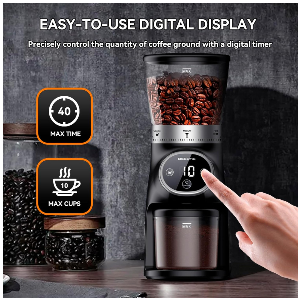 Moedor de Café Elétrico até 10 xícaras com 31 Configurações de Moagem e Display LED 110V 200W BEEONE Preto - Imagem 5