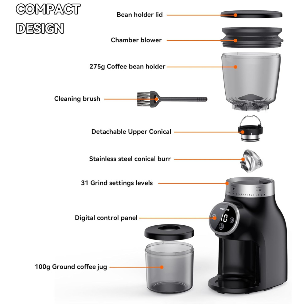 Moedor de Café Elétrico até 10 xícaras com 31 Configurações de Moagem e Display LED 110V 200W BEEONE Preto - Imagem 6