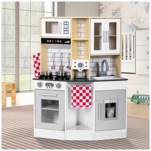 Cozinha Infantil em Madeira com Pia Torneira Forno Micro-ondas e Acessórios para Crianças Acima de 3 Anos Brinjoy Branca