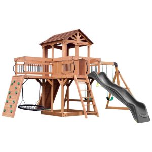 Playground Infantil de Madeira com Parede de Escalada Varanda Ponte Escorregador 2 Balanços de Cinto e 1 Balanço de Teia Backyard Discovery Cinza