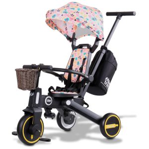 Triciclo Infantil com Cesta Mochila de Viagem e Bolsa para os Pais para Crianças de 1 a 5 Anos NewtronX Rosa Claro e Preto
