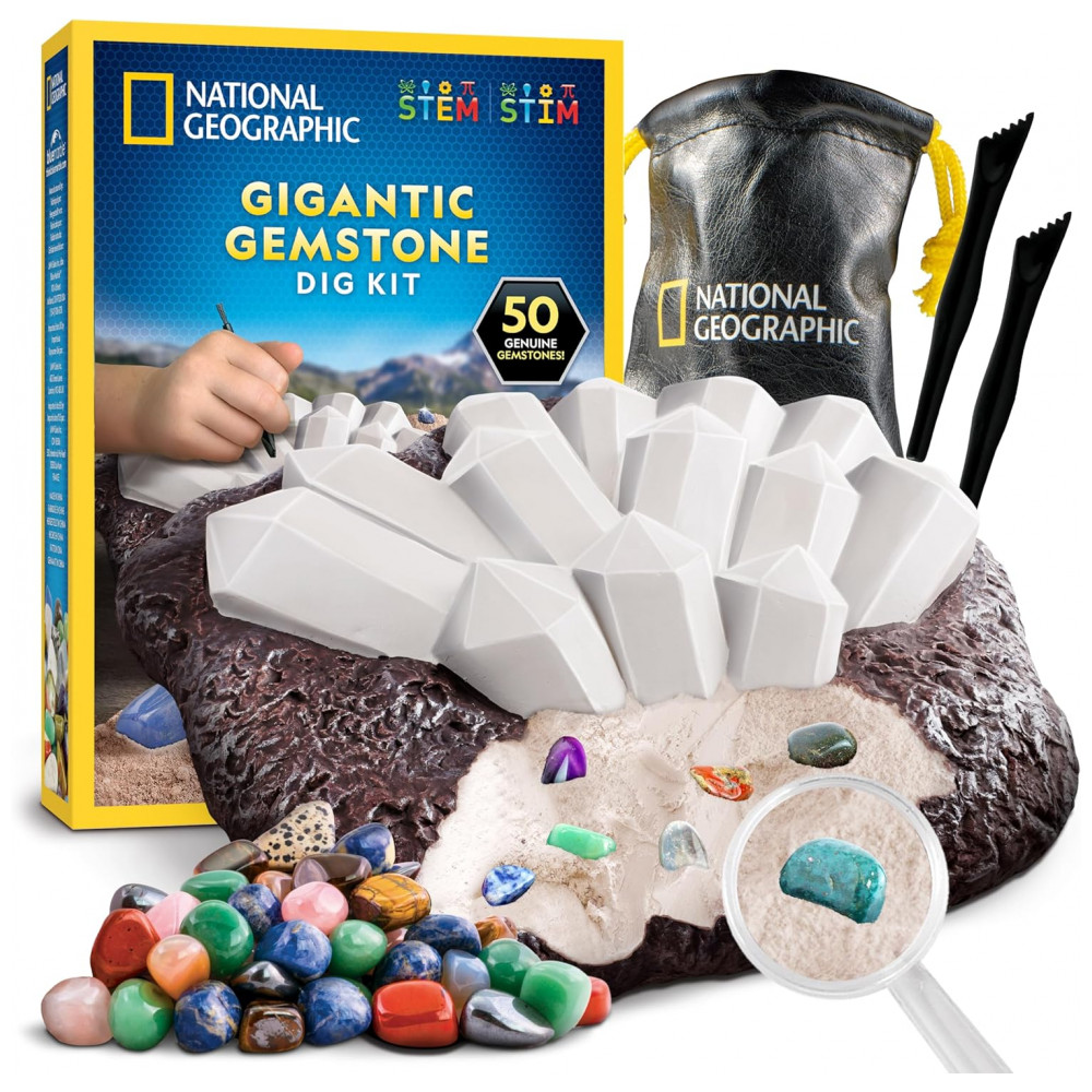 Kit de Escavação Gigante de Gemas Reais – Brinquedo Educativo STEM, Presente Criativo para Crianças com 50 gemas, National Geographic