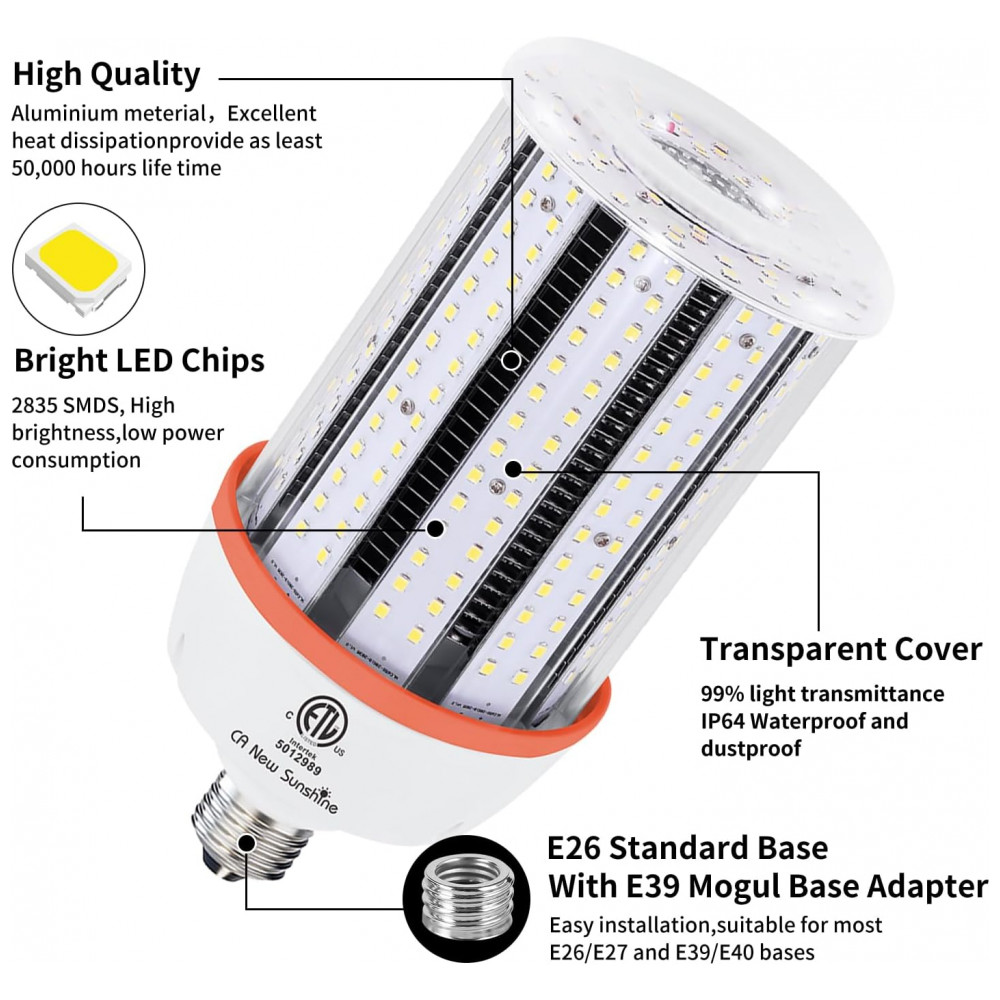 Lâmpada LED Corn 100W CA New Sunshine 15000 lúmens 5000K daylight base E26/E39 alta eficiência para galpões fábricas oficinas armazéns e áreas externas. - Imagem 3