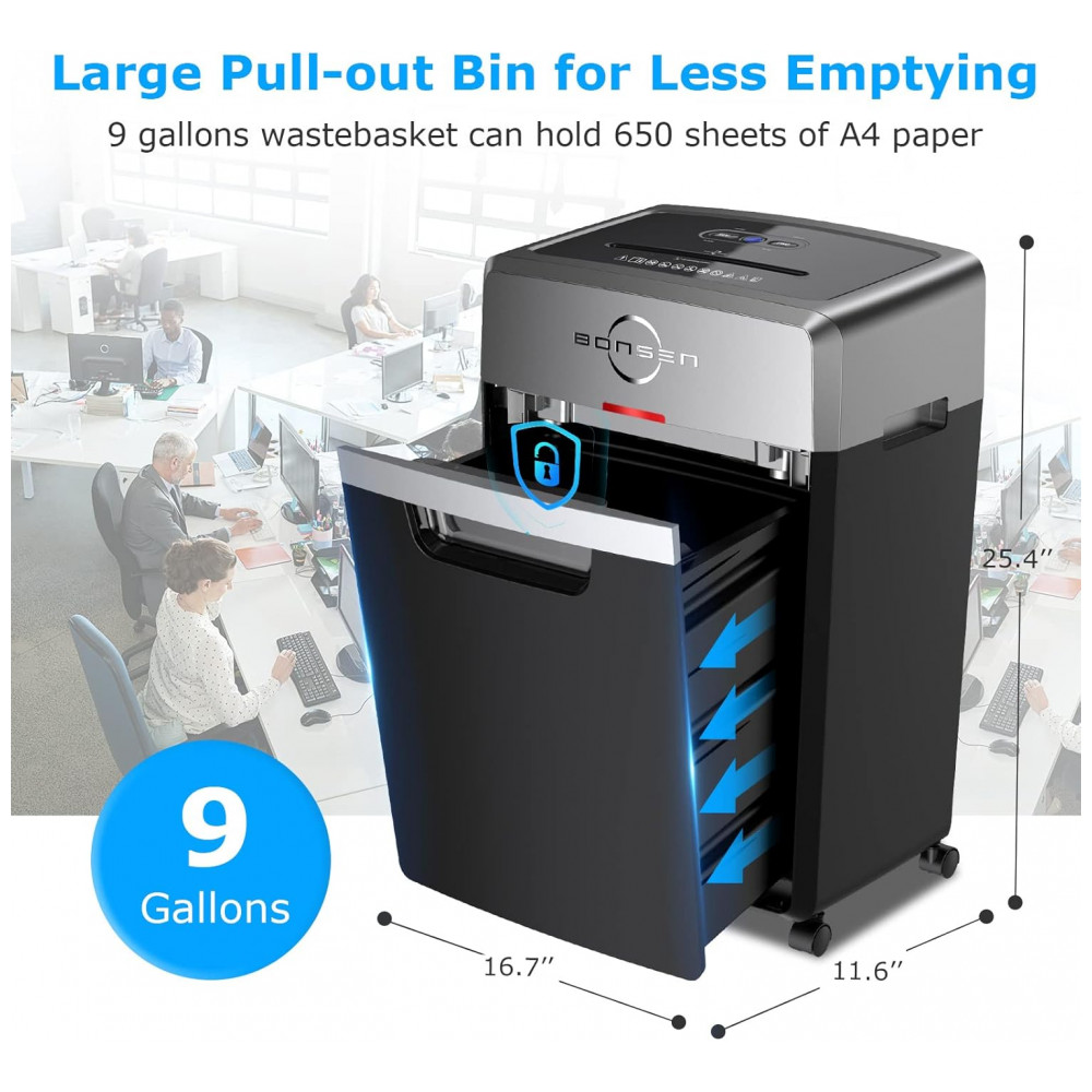 Triturador de Papel Pesada BONSEN, Corte Cruzado de 24 Folhas, Tempo de Funcionamento Contínuo de 40 Minutos, Fragmentadora de Grau Comercial - Imagem 4