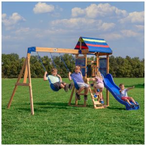 Playground Infantil de Madeira com Caixa de Areia Parede de Escalada Escorregador e 2 Balanços Backyard Discovery Azul