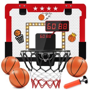 Cesta de Basquete com 4 Bolas  Luz LED Placar Duplo Eletrônico e 2 Modos de Jogo para Crianças de 5 a 12 Anos Kroyedfuw Vermelha
