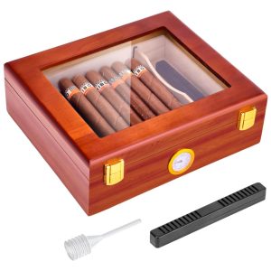 Umidor de Charutos de Mesa com Tampo de Vidro Higrômetro Umidificador e Divisória - Cedro Espanhol TireQuik