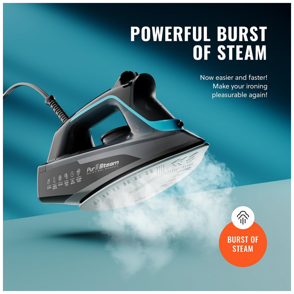 Ferro a Vapor Pursteam SteamBurst 1750W, Base de Cerâmica, Vapor Ajustável, Jato de Vapor, Autolimpeza, Anticalcário, Pursteam World's Best Steamers - Imagem 4