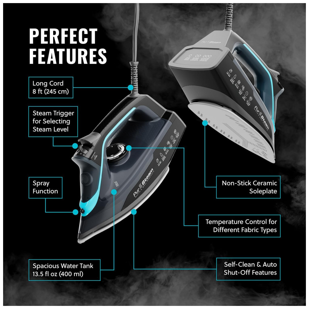 Ferro a Vapor Pursteam SteamBurst 1750W, Base de Cerâmica, Vapor Ajustável, Jato de Vapor, Autolimpeza, Anticalcário, Pursteam World's Best Steamers - Imagem 6