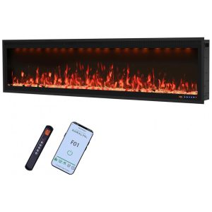 Lareira Elétrica Valuxhome 18796 cm Montagem na Parede e Embutida Design Ultra Fino Chama e Luz Ajustáveis Decoração de Cristal e Troncos