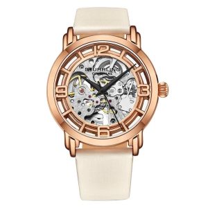 Relógio Winchester 3982 Automático 40mm Mostrador Prateado Pulseira de Couro Branco e Fivela em Camadas de Ouro - Stuhrling