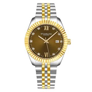 Relgio Gamine Classic 42mm 4024 com mostrador marrom e pulseira em dois tons amarelo prateado da marca Stuhrling