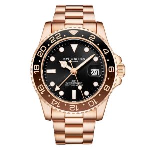 Relgio Stuhrling Meridian 3965 com Mostrador Preto e Pulseira de Ao Inoxidvel Rosa de 42 mm