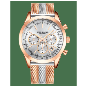 Relógio de pulso Preston 3975 com cronógrafo mostrador prateado e pulseira rosa em liga com fivela dourada da Stuhrling.