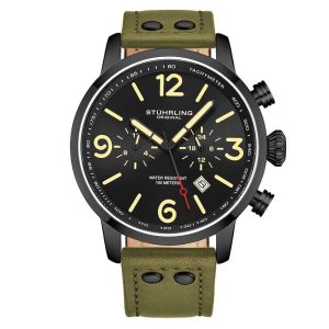 Relgio masculino Stuhrling 3956 com caixa de 45mm mostrador preto e pulseira de couro preta