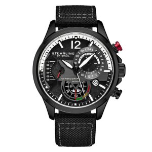 Relgio Stuhrling Cordura 4029 Aviador 45mm Mostrador Preto Pulseira de Couro Preta e Fivela Tang Preta